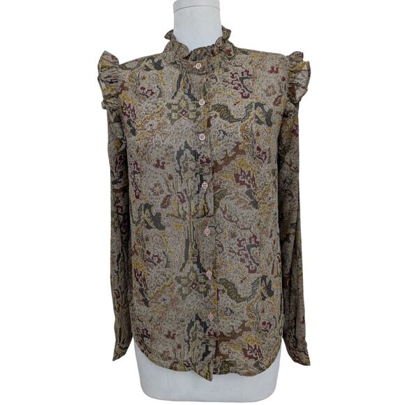 NEW Elan ruffled tapestry print button down shirt sz small - Picture 10 of 10